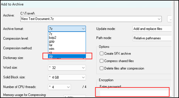 select type and set password