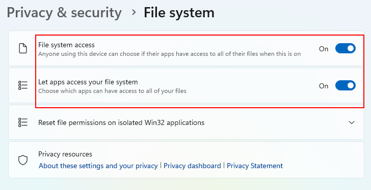 File system permissions, turn this access Off